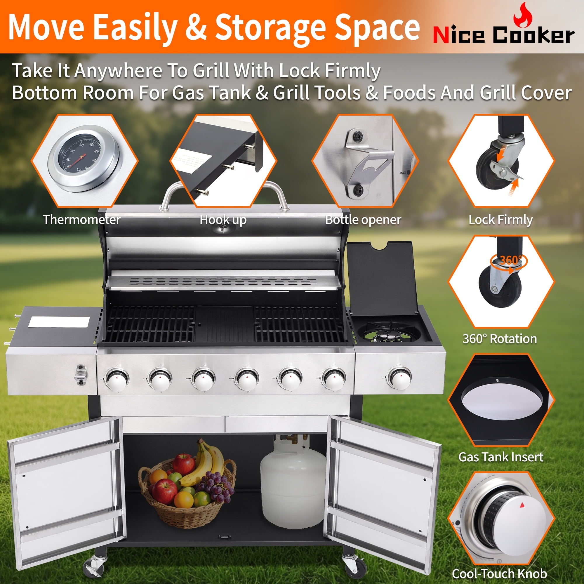 Nice Cooker 6-Burner Propane Gas BBQ Grill with Side Burner - 65850 BTU Total Output Stainless Steel Grills with Enameled Cast Iron Grill for Outdoor Backyard Barbecue, 620 SQ. IN. Cooking Area